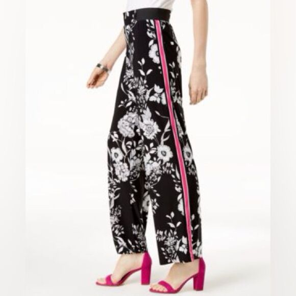 INC International Concepts Pants - INC International Concepts Floral Black White Pink Stripe Wide-Leg Pants Size M